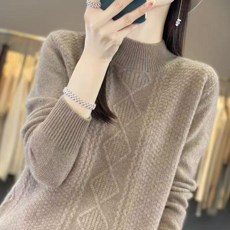 Pletený svetr pulovr s polovičním vysokým límcem pro ženy podzim a zima jednobarevný s dlouhým rukávem volný ležérní svetr