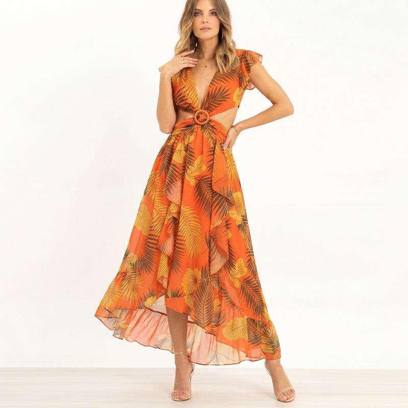 Boho Style Elegant Floral Print Long Dress Woman Summer V Neck High Waist Party Dress Summer Short Sleeve Sexy Maxi Dress