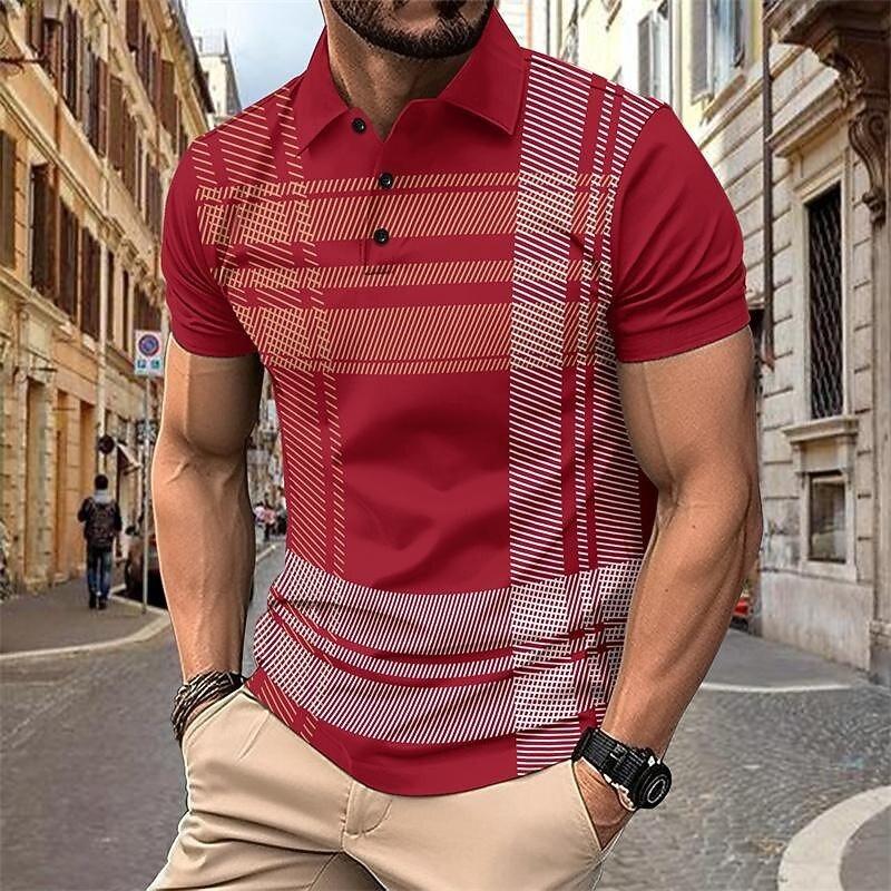 Men's Short Sleeved Polo Shirt with Colorful 3D Color Block Printing, Summer Casual Lapel Short Sleeved Street Top