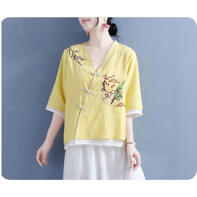 Three-quarter-sleeved Cotton and Linen Shirt Women's Literary Retro Embroidery Loose and Thin Cotton and Linen Color Matching Blouse Summer