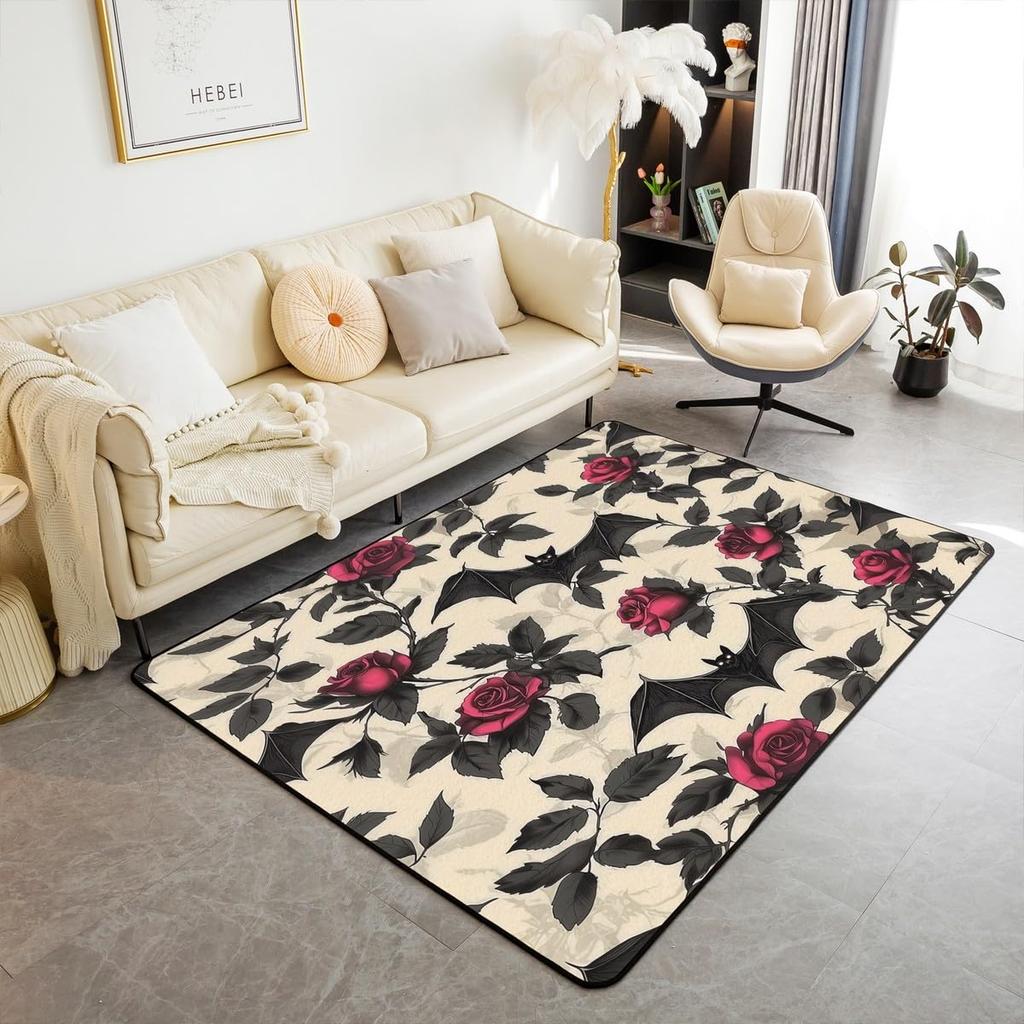 Cute Black Bat Large Area Rug 5x7, Floral Plant Leaves Living Room Rug, Starry Sky Moon Galaxy Rugs for Bedroom Boho Exotic European Style C