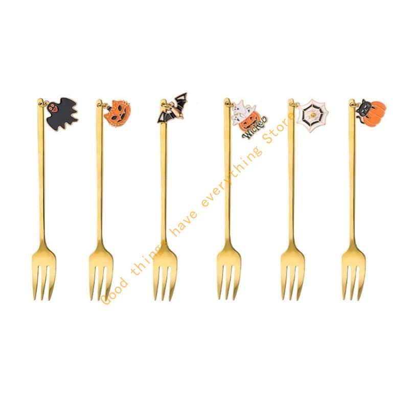 6 Pcs Stainless Steel Mini Salad Fruit Tasting Forks Halloween Tea Coffee Stirring Spoons for Dessert Milkshake Ice Tea 55KF
