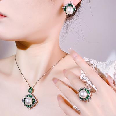 Luxusný set Camellia Court Style plný diamantov, slnečnicový perlový náhrdelník, náušnice, prsteň, korálka, smaragdová elegantná šarža