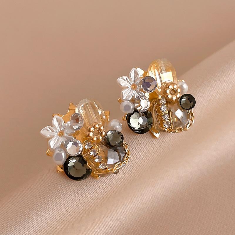 Silver Needle Vintage Faux Crystal with Rhinestones Flower Geometric Stud Earrings ins Earrings