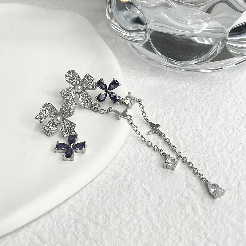 Flower Tassel Asymmetric Earrings Women'S Light Luxury Temperament Niche Design Micro-Inlaid Zircon High-End Stud Earrings Personalized Women