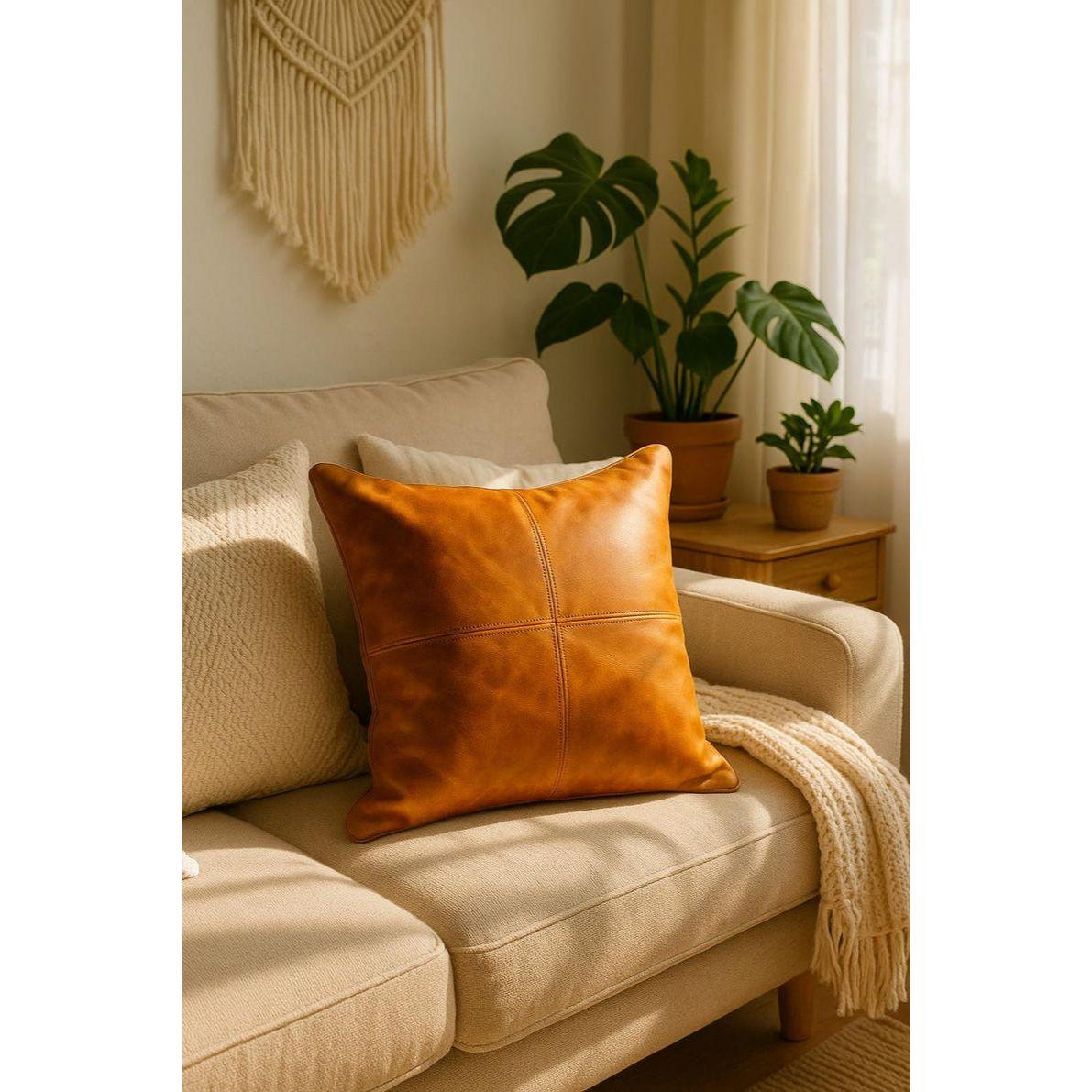 

Vintage Tan Leather Cushion Cover: Handmade Full Grain Cowhide Pillow Gift For Her Him Birthday Anniversary 14 x 14 in