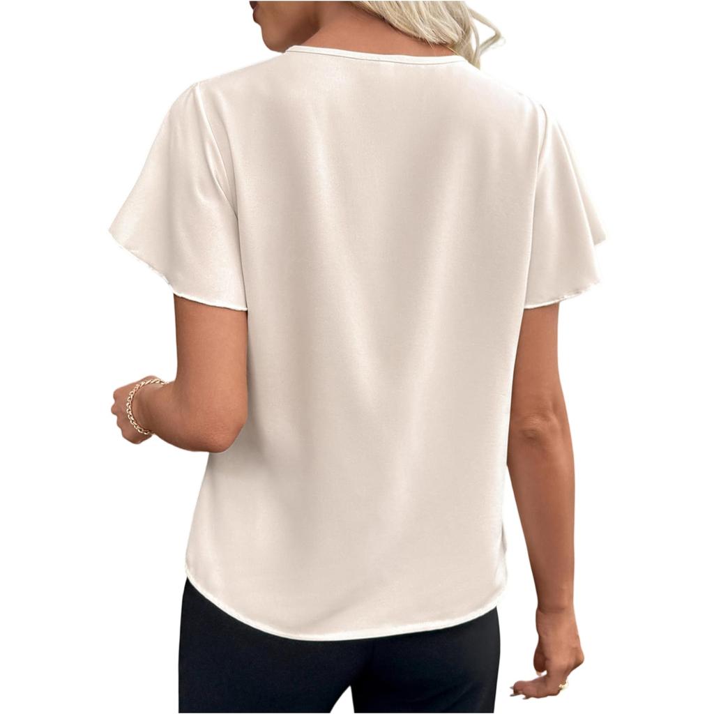 Fashionable Women's Ruffle Sleeves, Fashionable And Elegant V-neck Pleated Color Short Sleeved Shirt