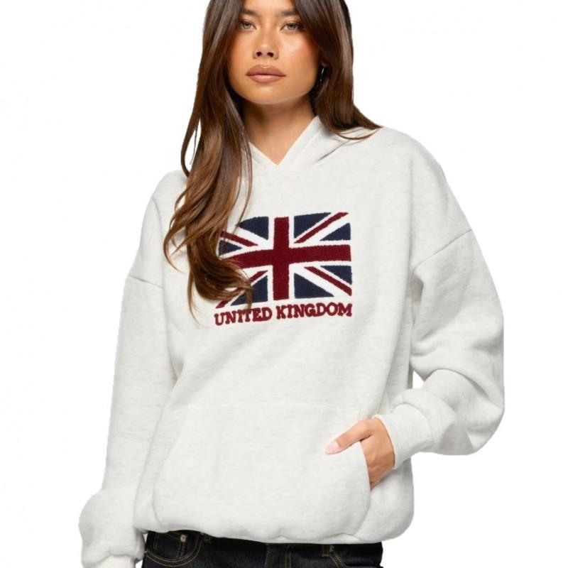 Womens V-Neck Long Sleeve Loose Fit Casual Sweatshirt With Flag Print Waffle Knit Comfortable Streetwear Top
