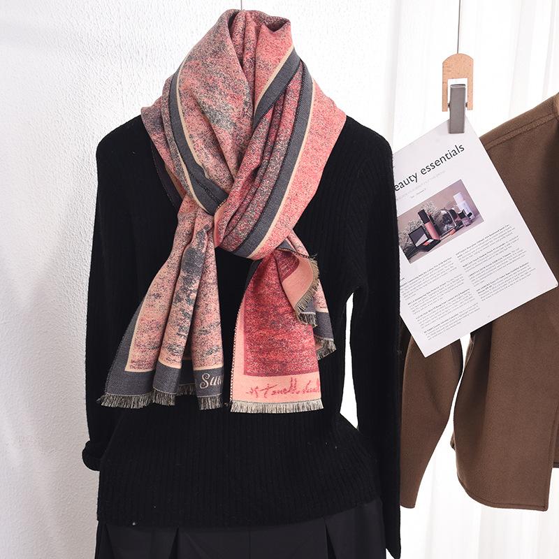 Autumn and winter atmosphere, students wear beautiful outfits, sunset afterglow printing shawl, fashionable and high-end elegant scarf