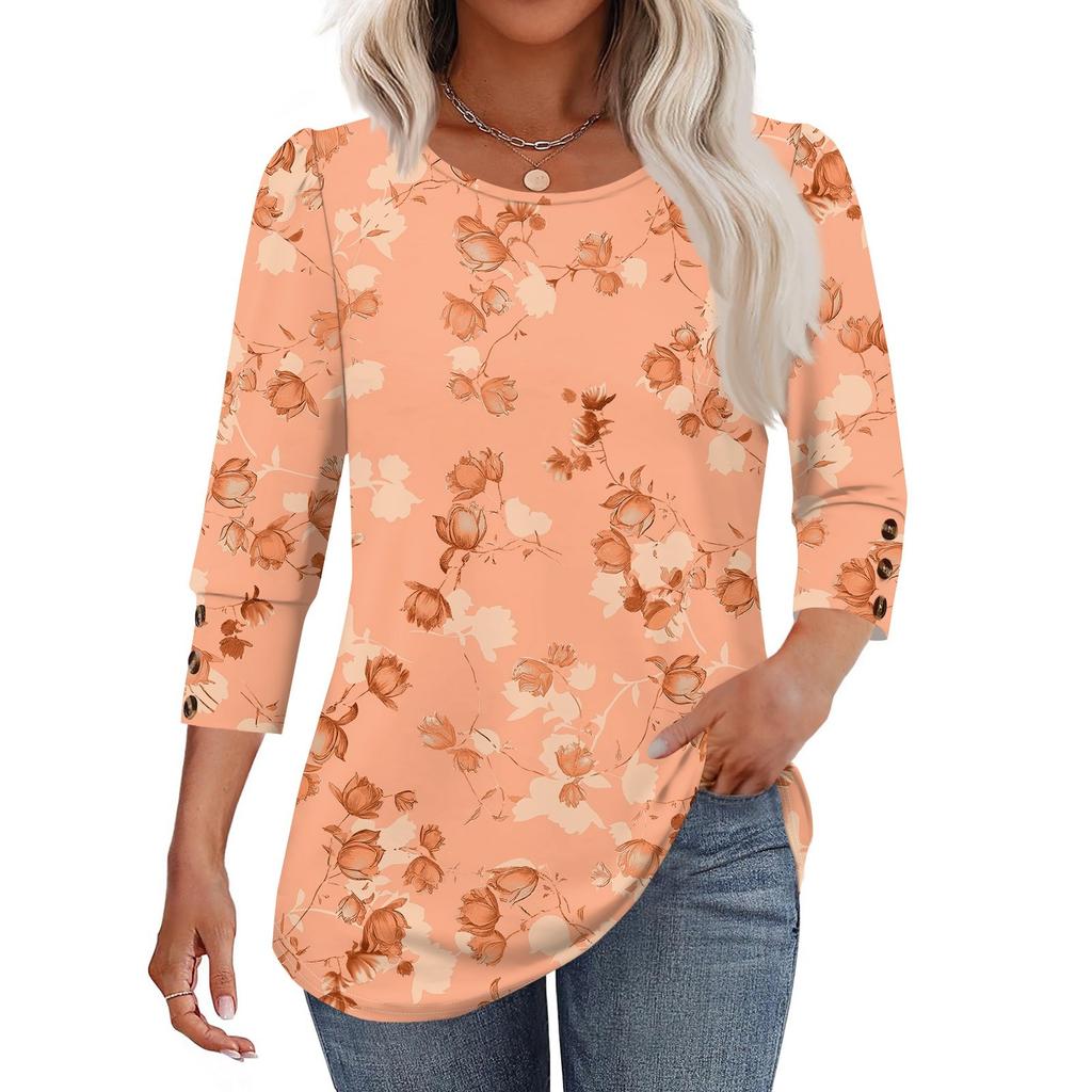 Women's Fashion Casual Vintage Floral Print Round Neck Sevenfold Sleeve T-shirt Top