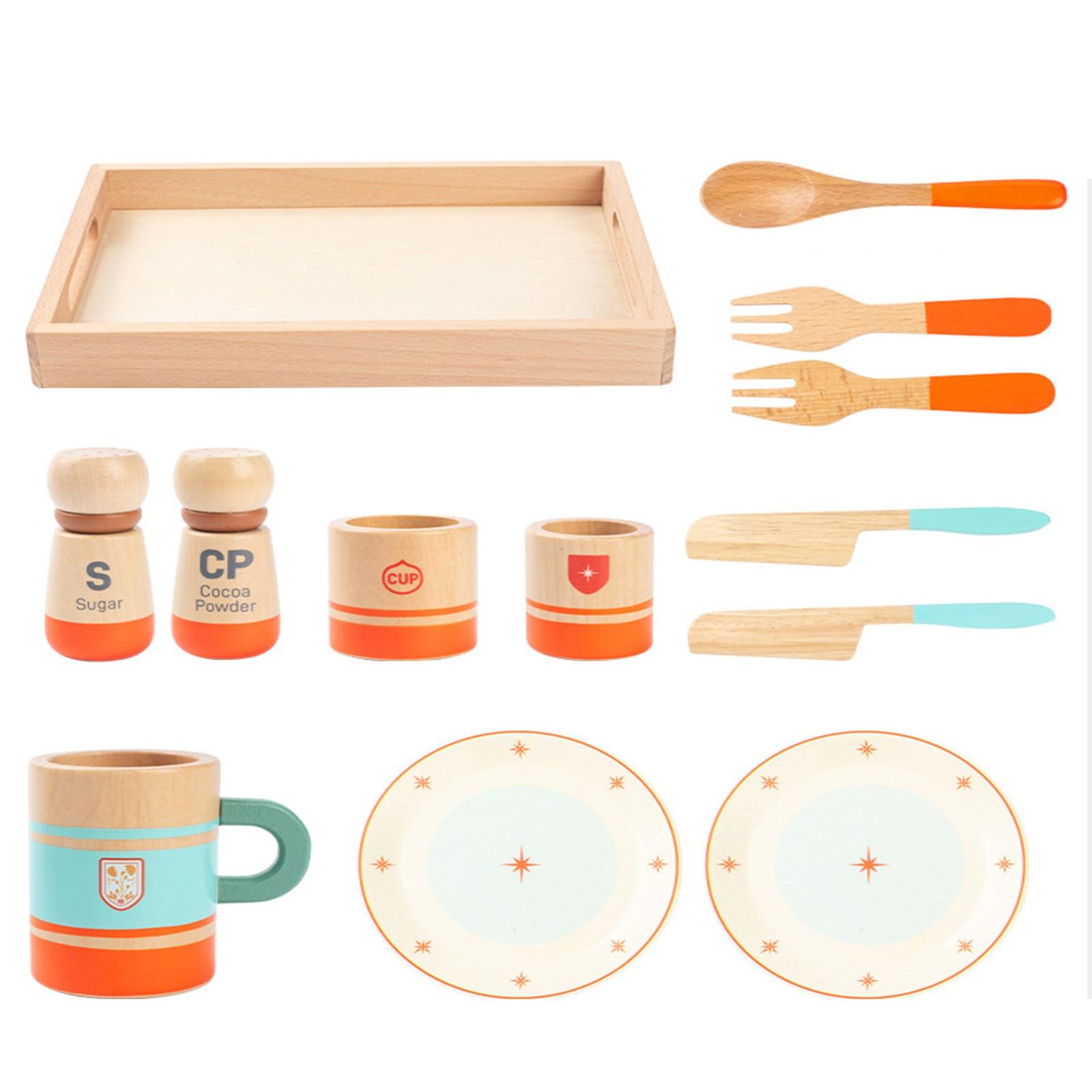 

Tray Tea Set, Solid Wood Toy Game Props One Size
