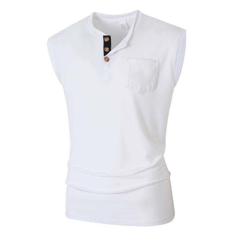 Men Casual Sleeveless Patch Pocket Button Round Neck Solid Tank Top S белый