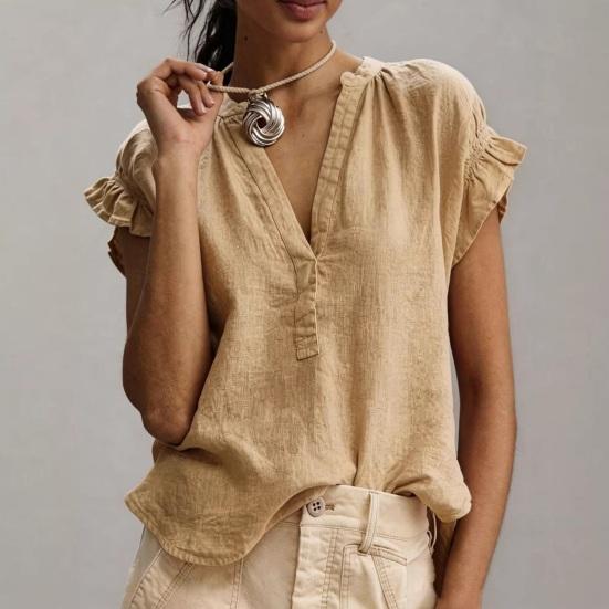 Women Shirt V Neck Ruffled Stitching Short Sleeve Tops