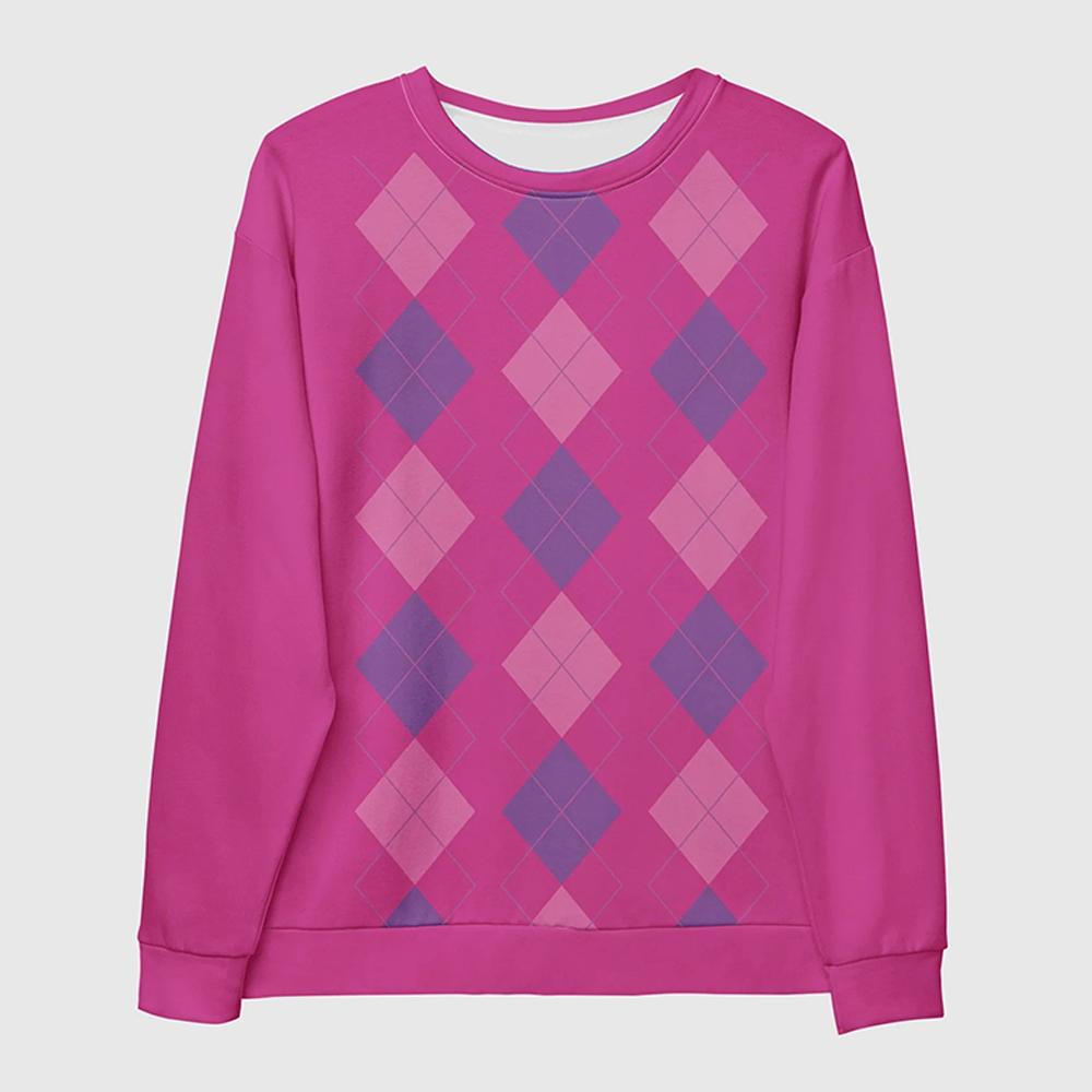 

K-pop Охотники на демонов Свитшот с круглым вырезом аргайл для малышки Саджи, Зимний флисовый повседневный пуловер с круглым вырезом, Клетчатый принт, Розово-красная одежда XXXL