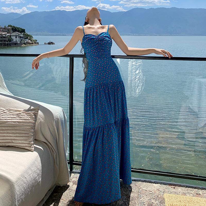 Backless Suspender Skirt Women s Floral Shoulder Dress Seaside Vacation Beach Skirt Waist Long Dress S