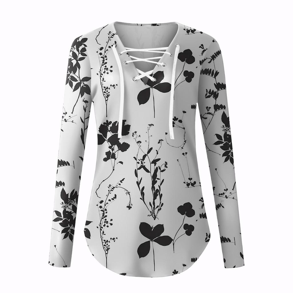 Women's Blouse Fashion Loose Casual Long Sleeved Printed V-Neck T-shirt Top