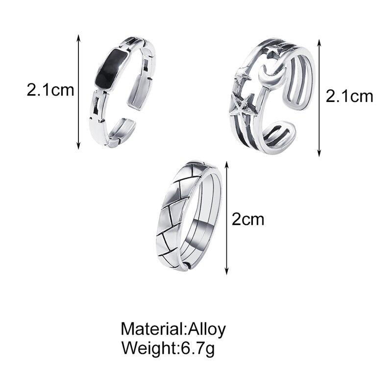 17KM Cute Silver Color Star Moon Rings Set for Women Men Lovers Trendy Black Stone Opening Ring 2021 Wedding Couple Jewelry