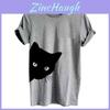 Stylisches Damenmode-T-Shirt mit Katzenaufdruck, kurzärmelig, lässige Bluse in Schwarz-Weiß