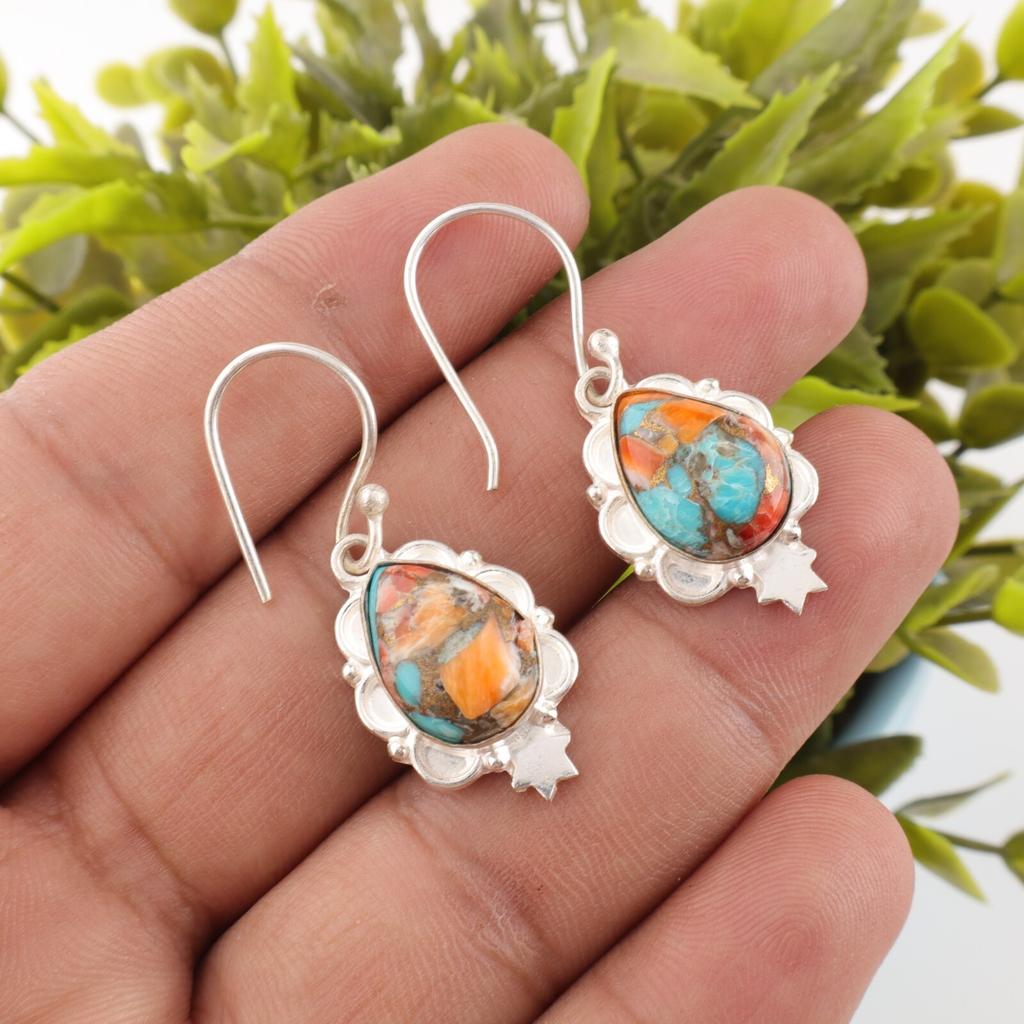 Spiny Oyster Gemstone 925 Stamped Silver Handcrafted Jewelry Birthstone Earrings EE-163-42