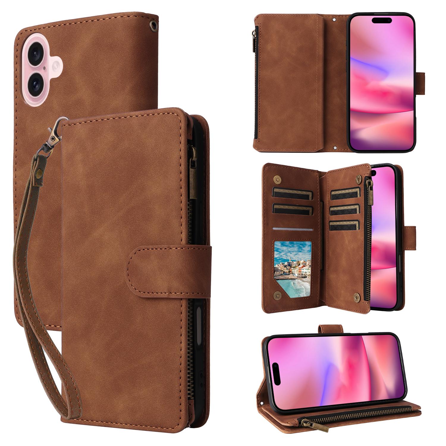 

For iPhone 17 Case Zipper Wallet Multiple Card Slots Leather Phone Cover with Wrist Strap