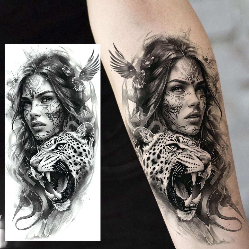 1 Sheet Cool Warrior Lion Tiger Skull Temporary Tattoos For Men Women Adults, Long Lasting Waterproof Temp Fake Tattoo Sticker