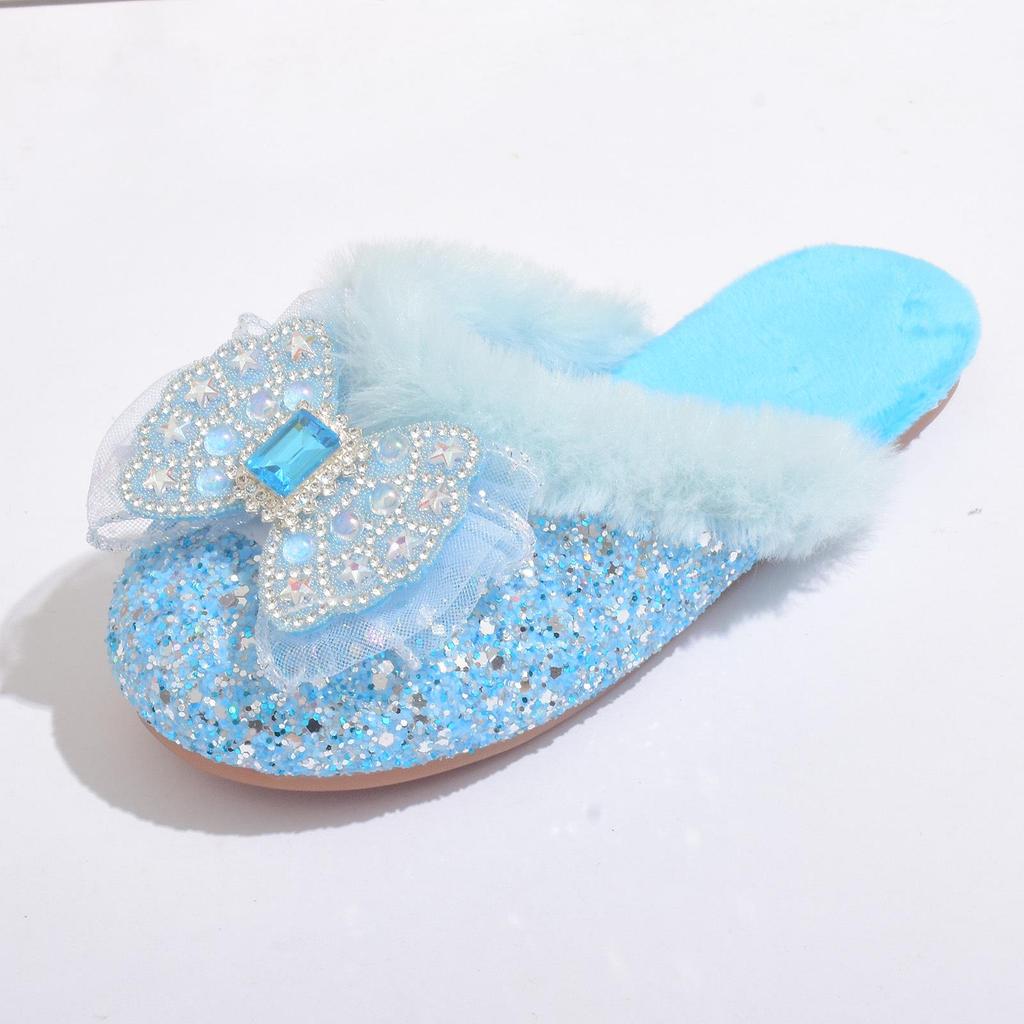Girls' Bow-Knot Furry Cotton Slippers - Cozy Autumn & Winter Shoes for Girls and Babies.