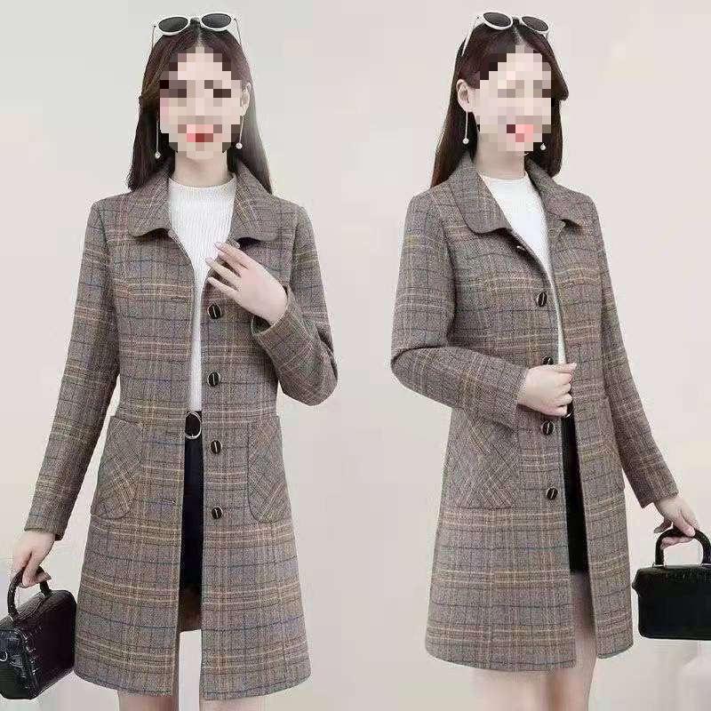 Plus Size Plaid Wool Coat for Middle-Aged Women - Trendy Autumn & Spring Style