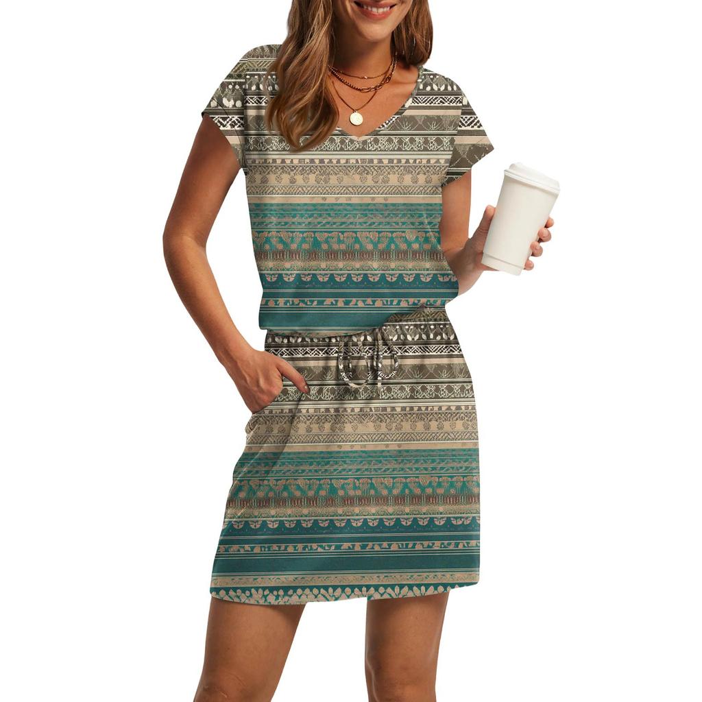 Damenmode V-Ausschnitt Kurzarm Kordelzug mit Tasche Bedruckte Freizeitkleider