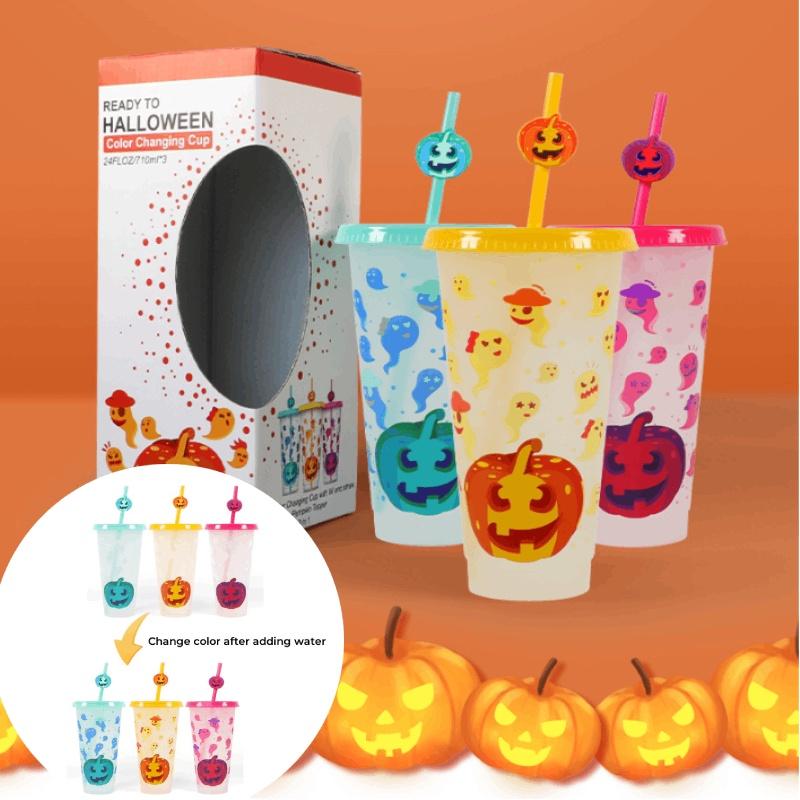 Plastic Colorchanging Cold Halloween Pumpkin Cup With Straw Capacity Large