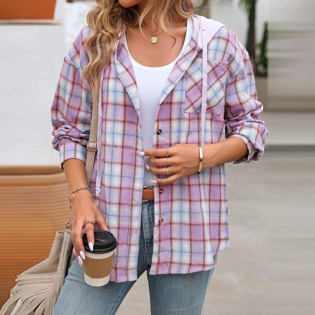 Women's Fashionable Wide Plaid Long Sleeved Loose Button Pocket Hooded Shirt Jacket