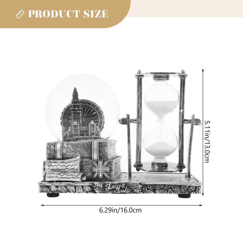 Vintage Resin Sand Clock Desktop Decor with Crystal Snow Globe Design Retro Hourglass Ornament for Office Home Living Room Table