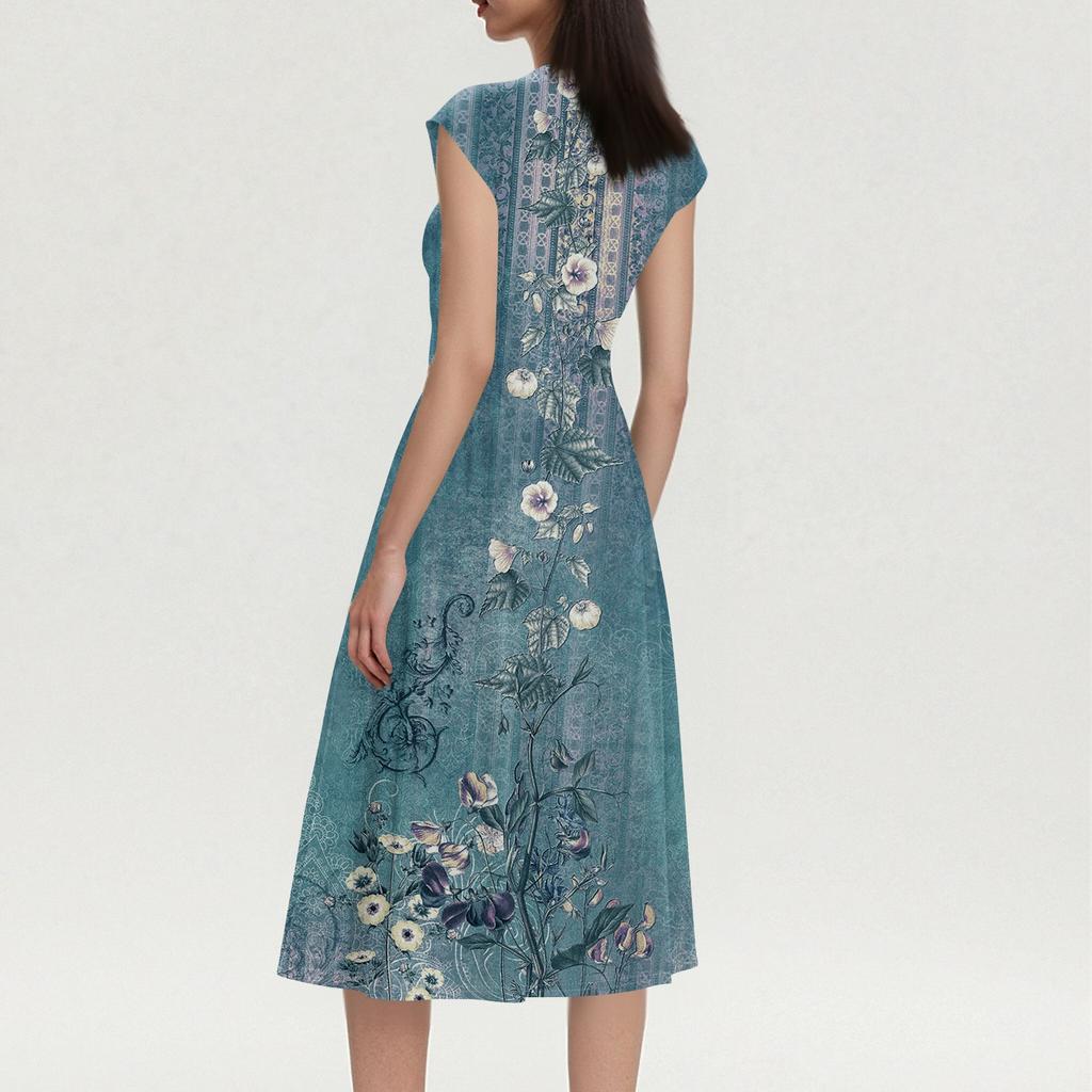Women's Cap Sleeve Print V-Neck Sleeveless Patchwork Pleated Slim Fit Dress