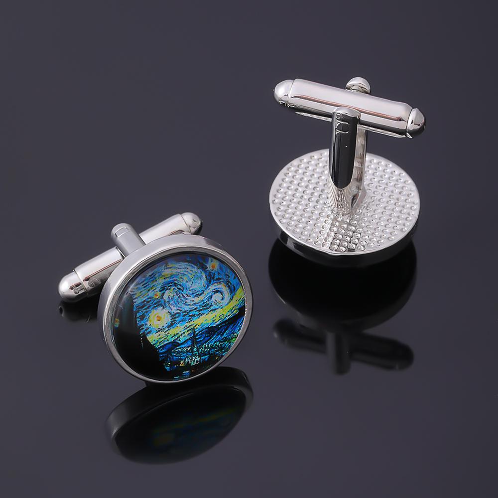 Funny Glass Cabochon Art Picture Cufflinks Van Gogh The Starry Night Pattern Round Sleeve Button