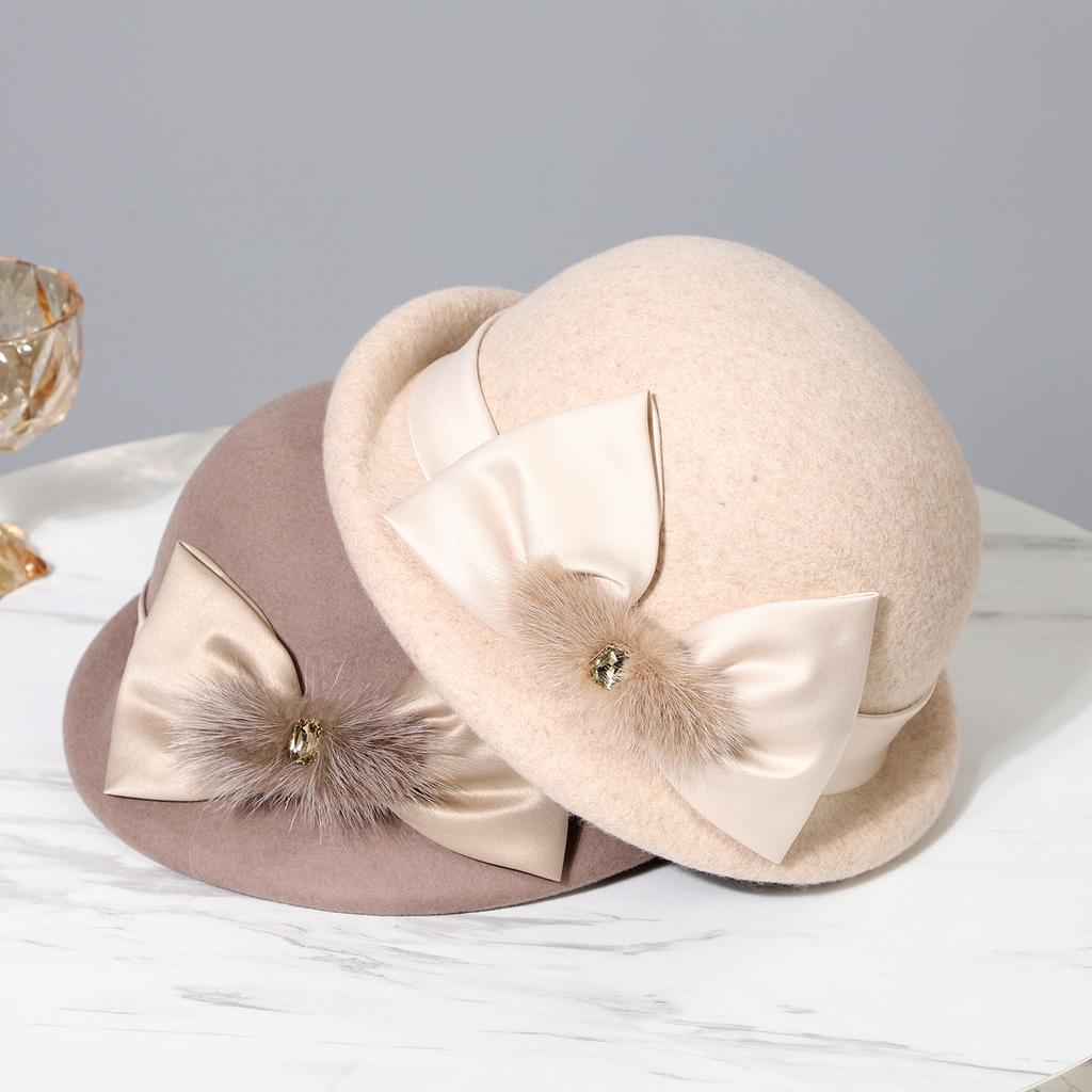 Berretto in lana con fiocco di visone elegante francese da donna autunno inverno cappello a secchiello arricciato di alta gamma cappello a cilindro di temperamento