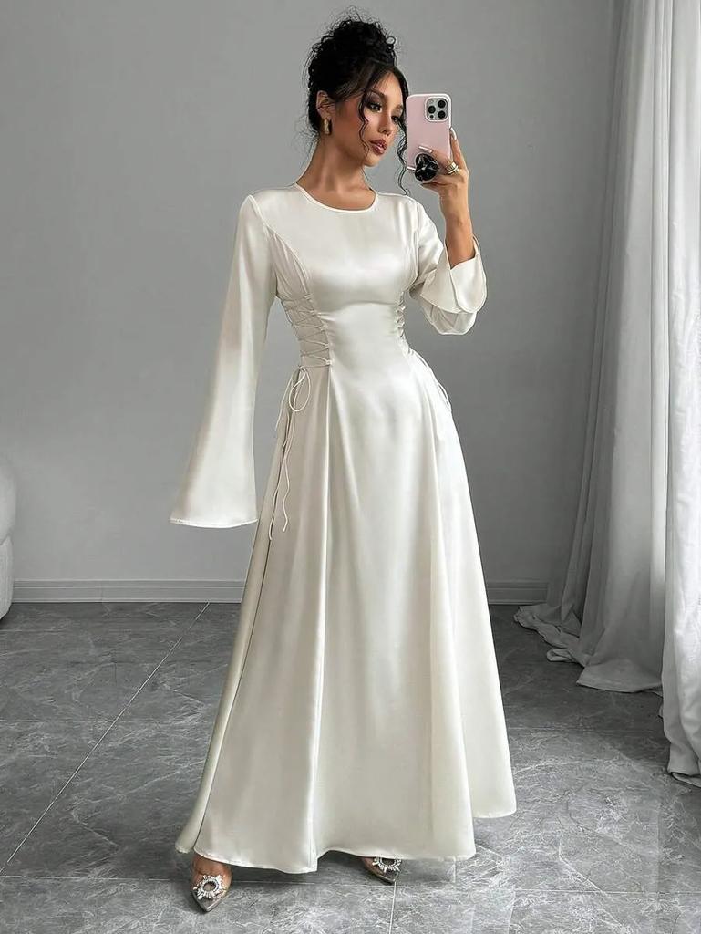 Women Elegant Solid Color Maxi Dress Round Neck Bell Sleeves Drawstring Ruched Waist Casual Formal Dress
