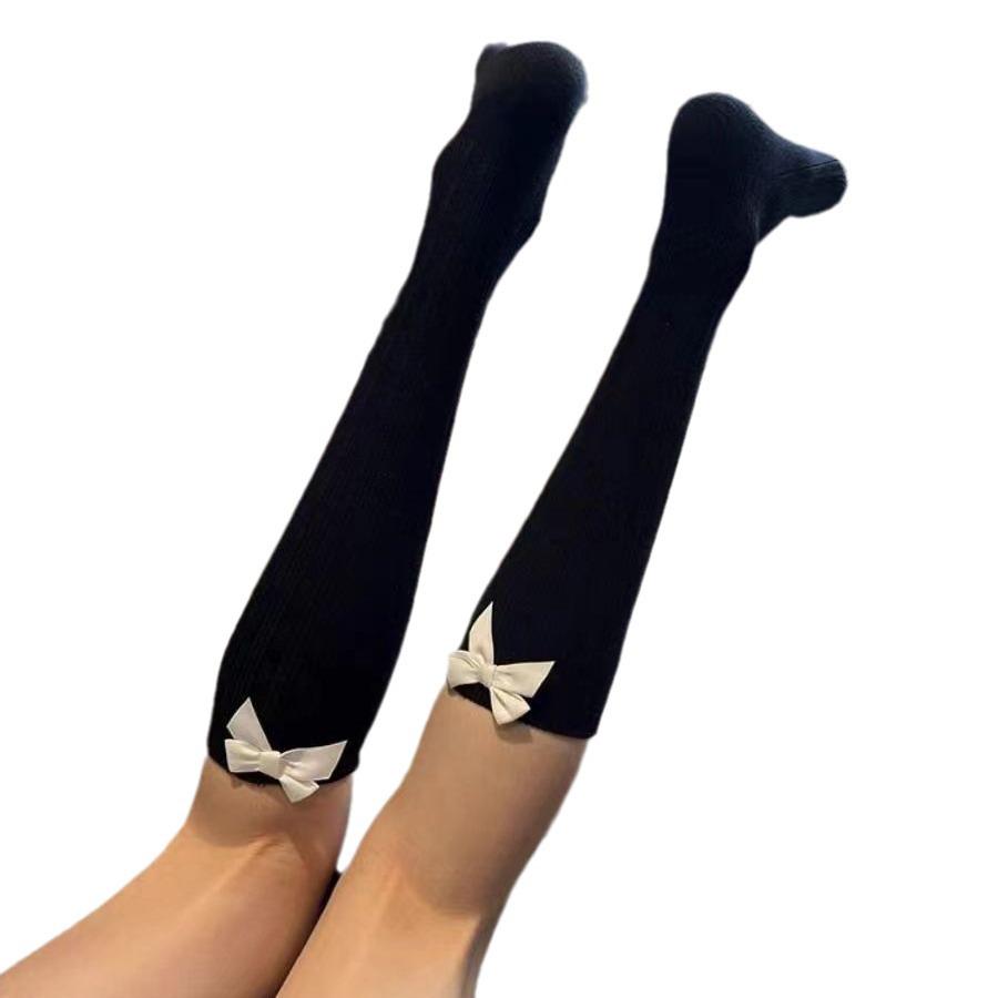 Atmungsaktive Schwarz-Weiße Schleife Kniehohe Socken - JK-Stil, Figurbetont & Süß für Mädchen