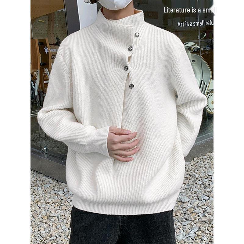 Men's Sophisticated Half-High Neck Button-Up Heavyweight Winter Sweater