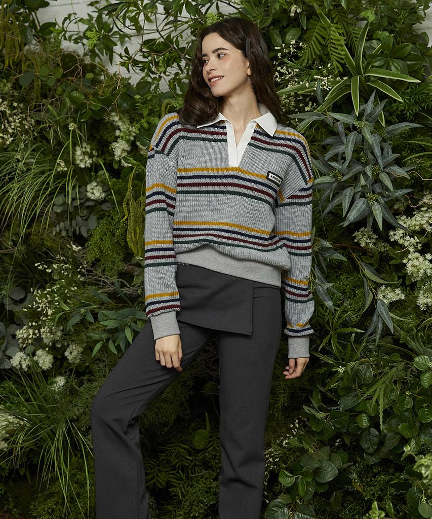 KANDINI Gray Striped Knit Polo Shirt