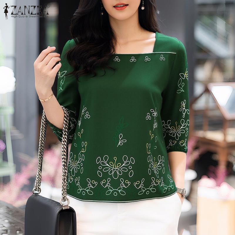 ZANZEA Women Square Neck Summer Casual 3/4 Sleeve Loose Print Blouse