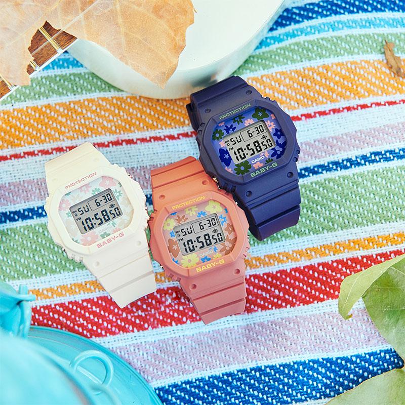 

CASIO BABY-G series, retro floral small squares, Quartz, resin strap, es, women s watches, color dials BGD-565RP-7PR білий