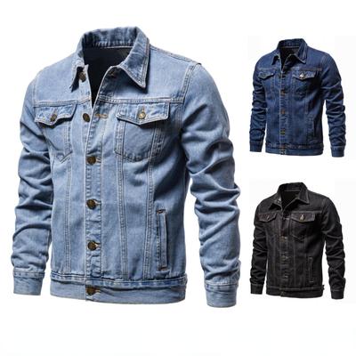 Veste en jean pour homme en coton, veste en jean décontractée de couleur unie, revers simple boutonnage, vestes en jean d'automne à manches longues pour hommes