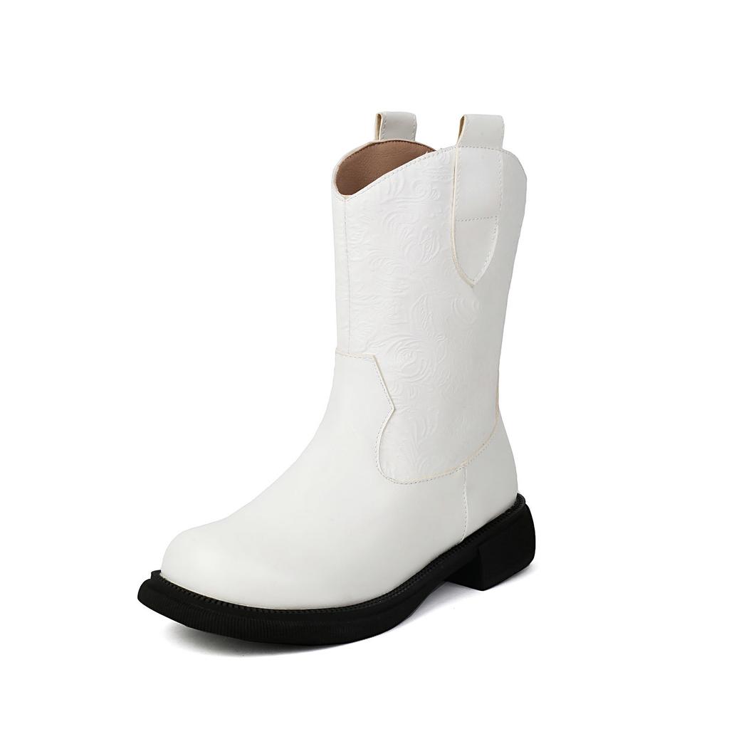 Comfy Western Boots Women's Ankle Boots Cowboy Low Heels Shoes Round Toe Patchwork Footwear