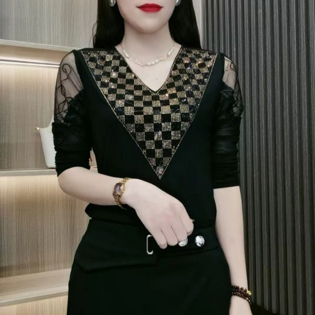 

Весна Осень Новый Горячий Бриллиант Длинный Рукав Футболка Мода для Мамы Свободные Черные Пуловеры Женская Мода V-образный вырез Базовый Топ L-4XL XL золотой