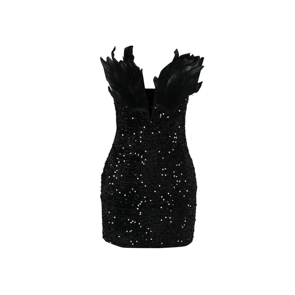 K3205 European and American Sequin Deep V Strapless Feather Bodycon Dress