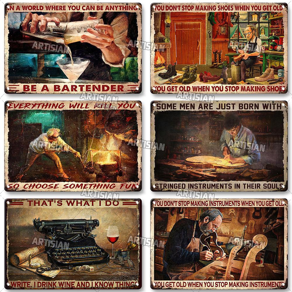 Artisian Job Work Metal Plaque Shoemaker Tin Sign Barista Hairstylist Luthier Painter Chef Decorative PlateWall Decor Garage Bar
