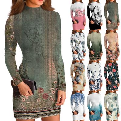 Dámské ležérní šaty s vysokým krkem, dlouhým rukávem, potiskem a slim-fit střihem