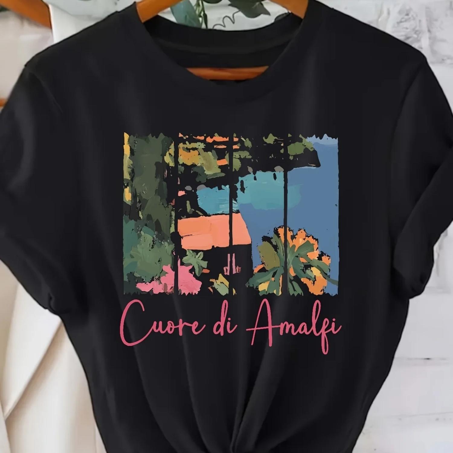 

Ladies Casual Amalfi Heart T-shirt Simple Sleeved Round Neck Harajuku Sleeve Casual T-shirt Clothing Street Aesthetic Clothes S чёрный
