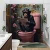 1pc Whimsical Chimpanzee Toilet Shower Curtain, Polyester, Machine Washable, 12 Hooks, Floral Design, Playful Bathroom Decor