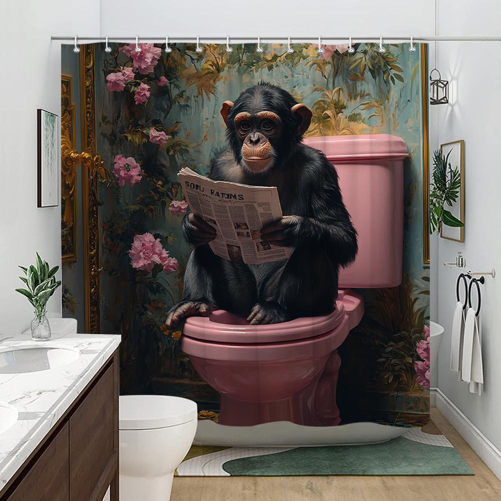 1pc Whimsical Chimpanzee Toilet Shower Curtain, Polyester, Machine Washable, 12 Hooks, Floral Design, Playful Bathroom Decor