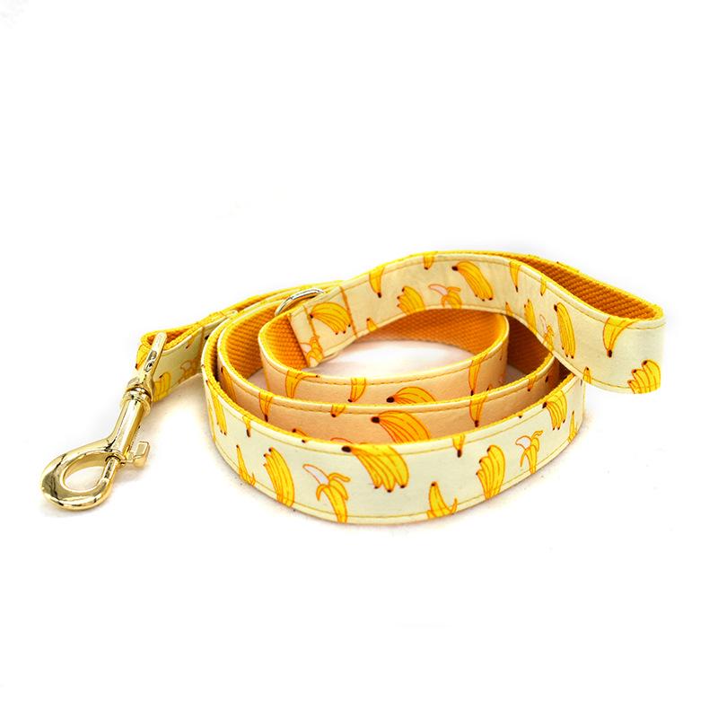 Yellow Banana Pet Collar and Leash Set with Engravable Golden Metal Buckle, 1.5m